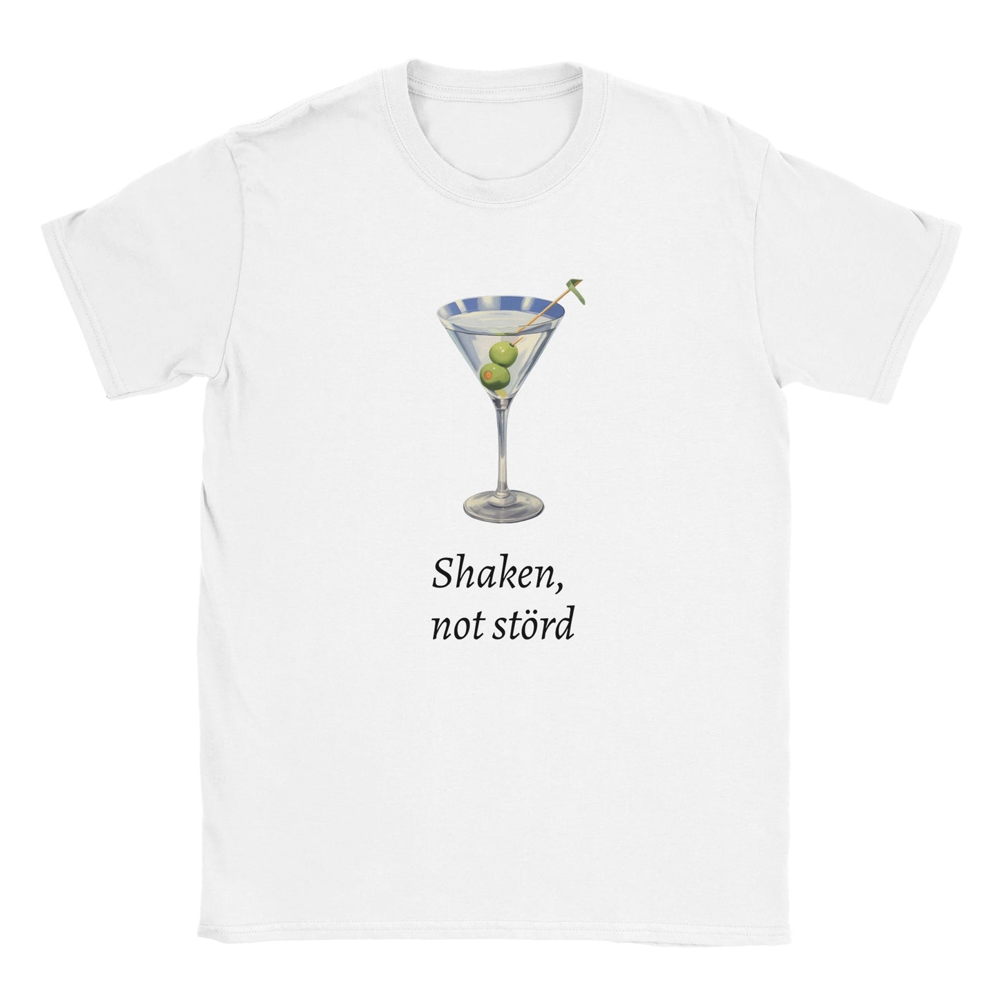Rolig t-shirt med texten “Shaken not störd”, Bond-inspirerad drinkhumor, unisex herr/dam – Merchoteket
